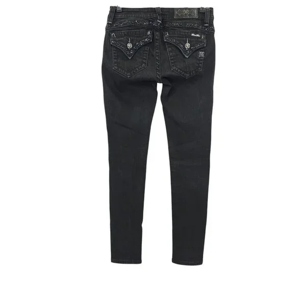 Miss Me Jeans Mid Rise Skinny Black Size 27 Stretch Studs Rhinestones Sequins - Picture 2 of 16